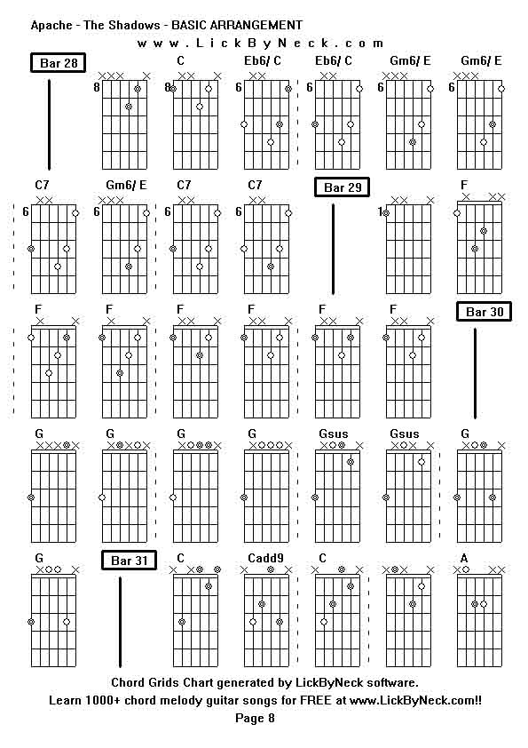 Chord Grids Chart of chord melody fingerstyle guitar song-Apache - The Shadows - BASIC ARRANGEMENT,generated by LickByNeck software.